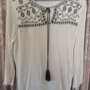 Boho Embroidered Tie-Neck Blouse - White with Black Embroidery